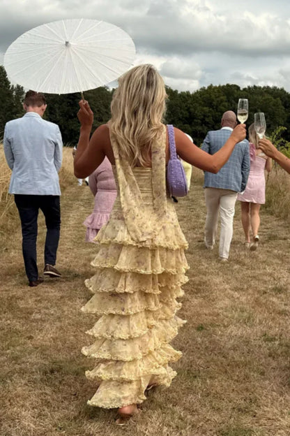 Modest Sheath Strapless Yellow Chiffon Floral Long Prom Dresses Party Dress 22Th Birthday Outfits Graduation Dress,AST2289