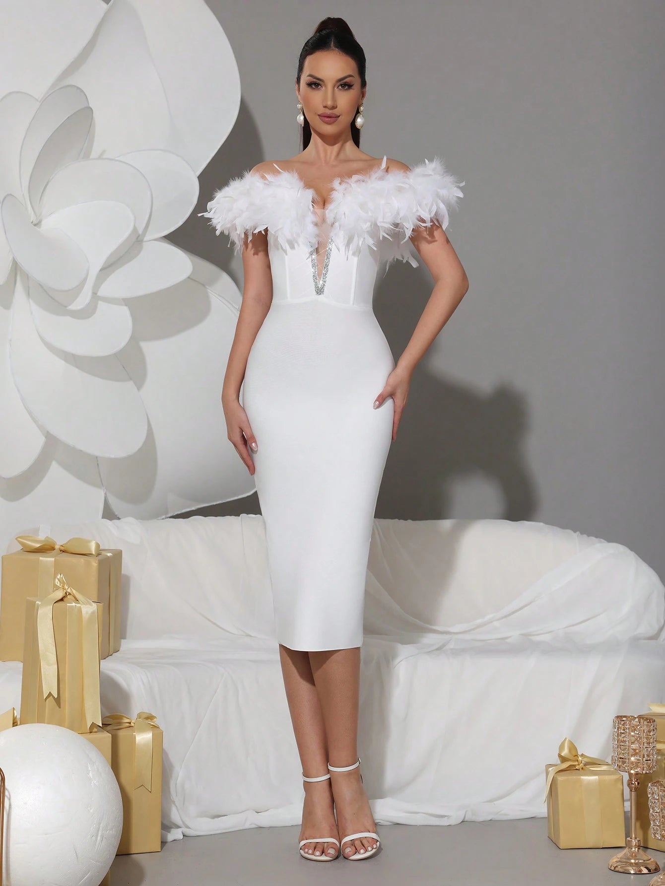 Modphy Fake Feather Sexy Women's V-Neck Off Shoulder Off Back Medium Length Dress Elegant Women's Formal Banquet Party Dress White Summer