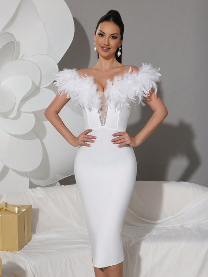Modphy Fake Feather Sexy Women's V-Neck Off Shoulder Off Back Medium Length Dress Elegant Women's Formal Banquet Party Dress White Summer