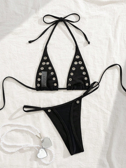 Modviera 2pcs/Set Women's Casual Rivet Hollow Lace-Up Halter Bikini Swimwear Set For Beach Party, Music Festival, Vacation For Summer