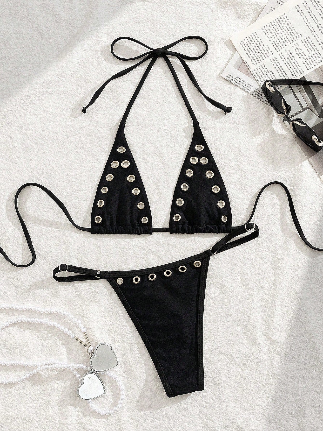 Modviera 2pcs/Set Women's Casual Rivet Hollow Lace-Up Halter Bikini Swimwear Set For Beach Party, Music Festival, Vacation For Summer