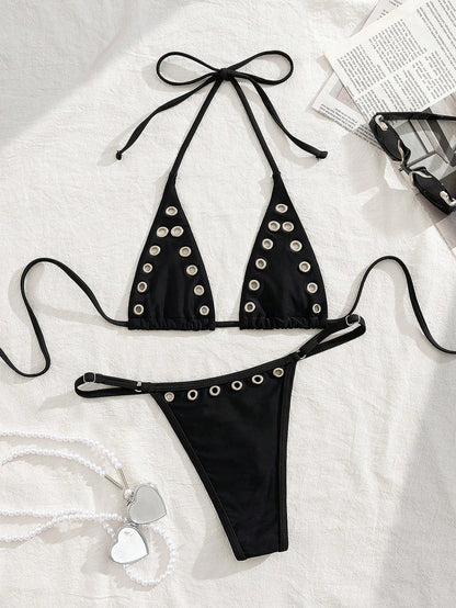 Modviera 2pcs/Set Women's Casual Rivet Hollow Lace-Up Halter Bikini Swimwear Set For Beach Party, Music Festival, Vacation For Summer