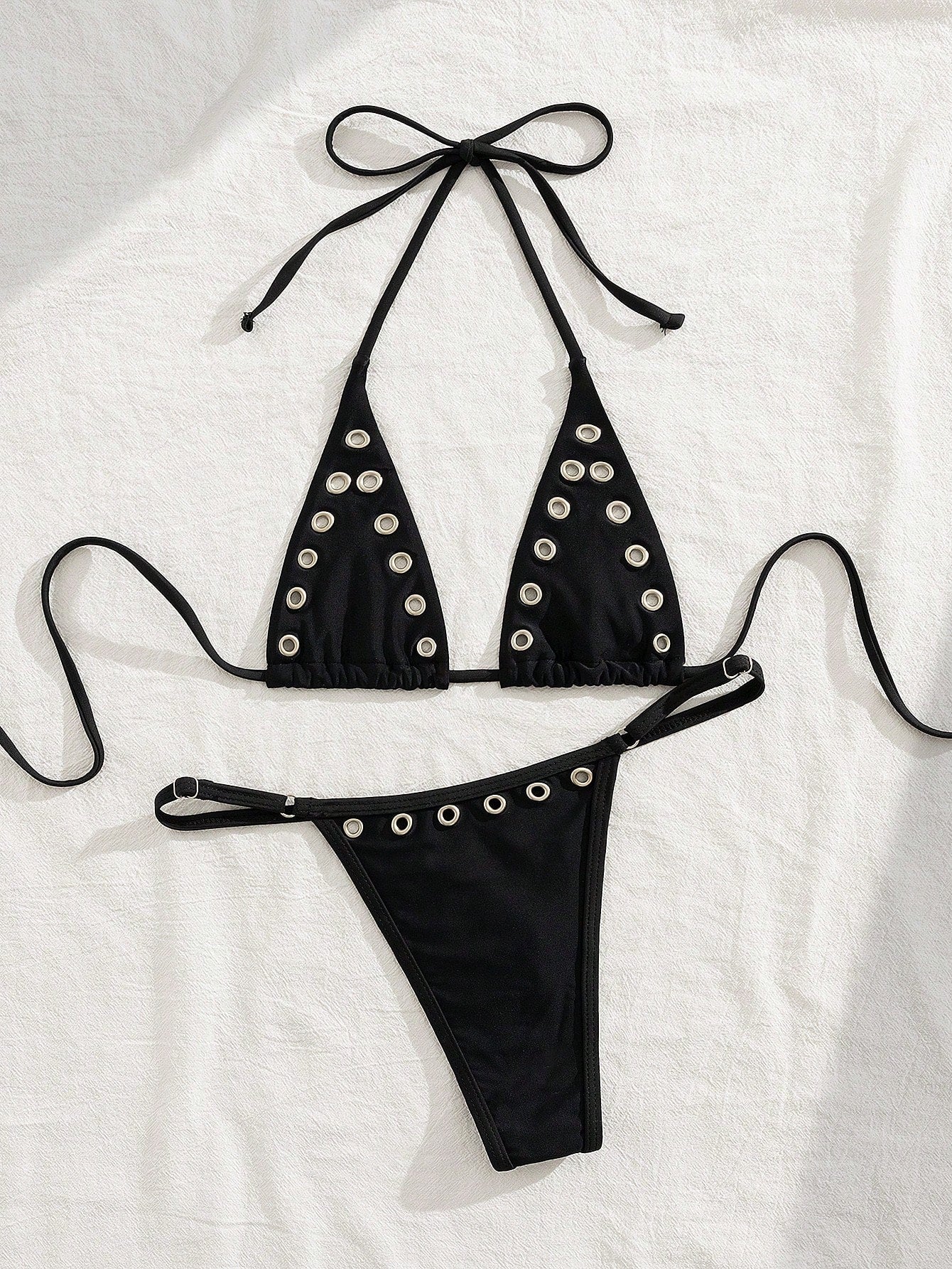 Modviera 2pcs/Set Women's Casual Rivet Hollow Lace-Up Halter Bikini Swimwear Set For Beach Party, Music Festival, Vacation For Summer