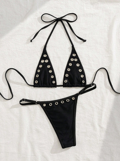Modviera 2pcs/Set Women's Casual Rivet Hollow Lace-Up Halter Bikini Swimwear Set For Beach Party, Music Festival, Vacation For Summer