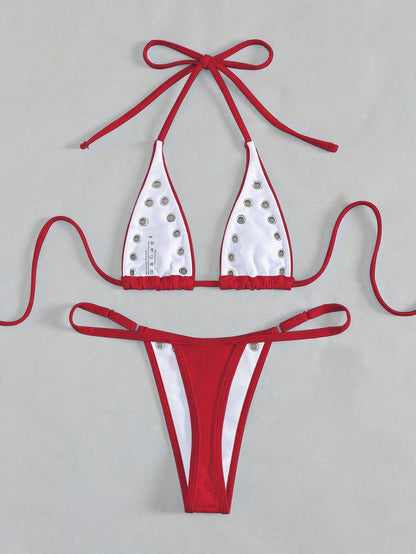 Modviera 2pcs/Set Women's Casual Rivet Hollow Lace-Up Halter Bikini Swimwear Set For Beach Party, Music Festival, Vacation For Summer