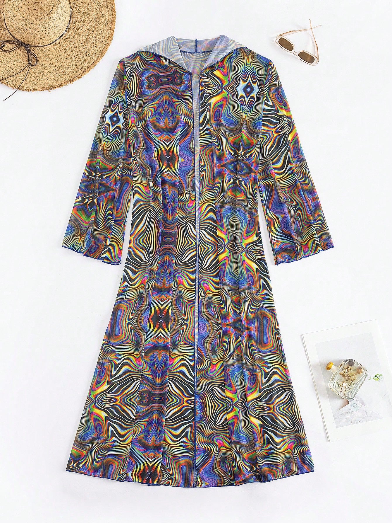 Modviera Random Print Long Sleeve Cover Up, Casual Beach, Summer Party & Music Festival