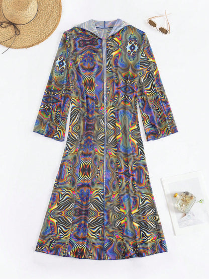Modviera Random Print Long Sleeve Cover Up, Casual Beach, Summer Party & Music Festival