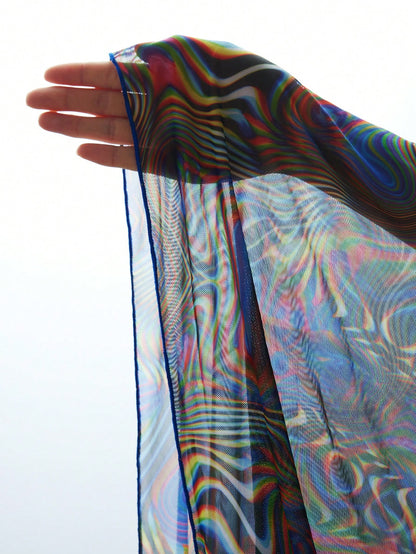 Modviera Random Print Long Sleeve Cover Up, Casual Beach, Summer Party & Music Festival