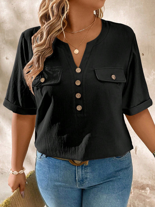 Momelise Plus Size Casual Notched Neck Wood Button Decoration Short Sleeve Shirt
