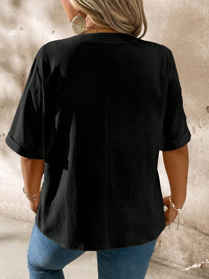 Momelise Plus Size Casual Notched Neck Wood Button Decoration Short Sleeve Shirt