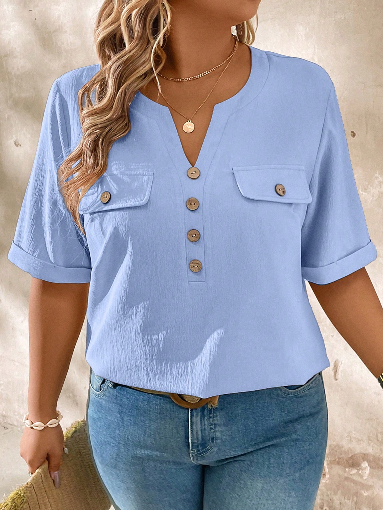 Momelise Plus Size Casual Notched Neck Wood Button Decoration Short Sleeve Shirt