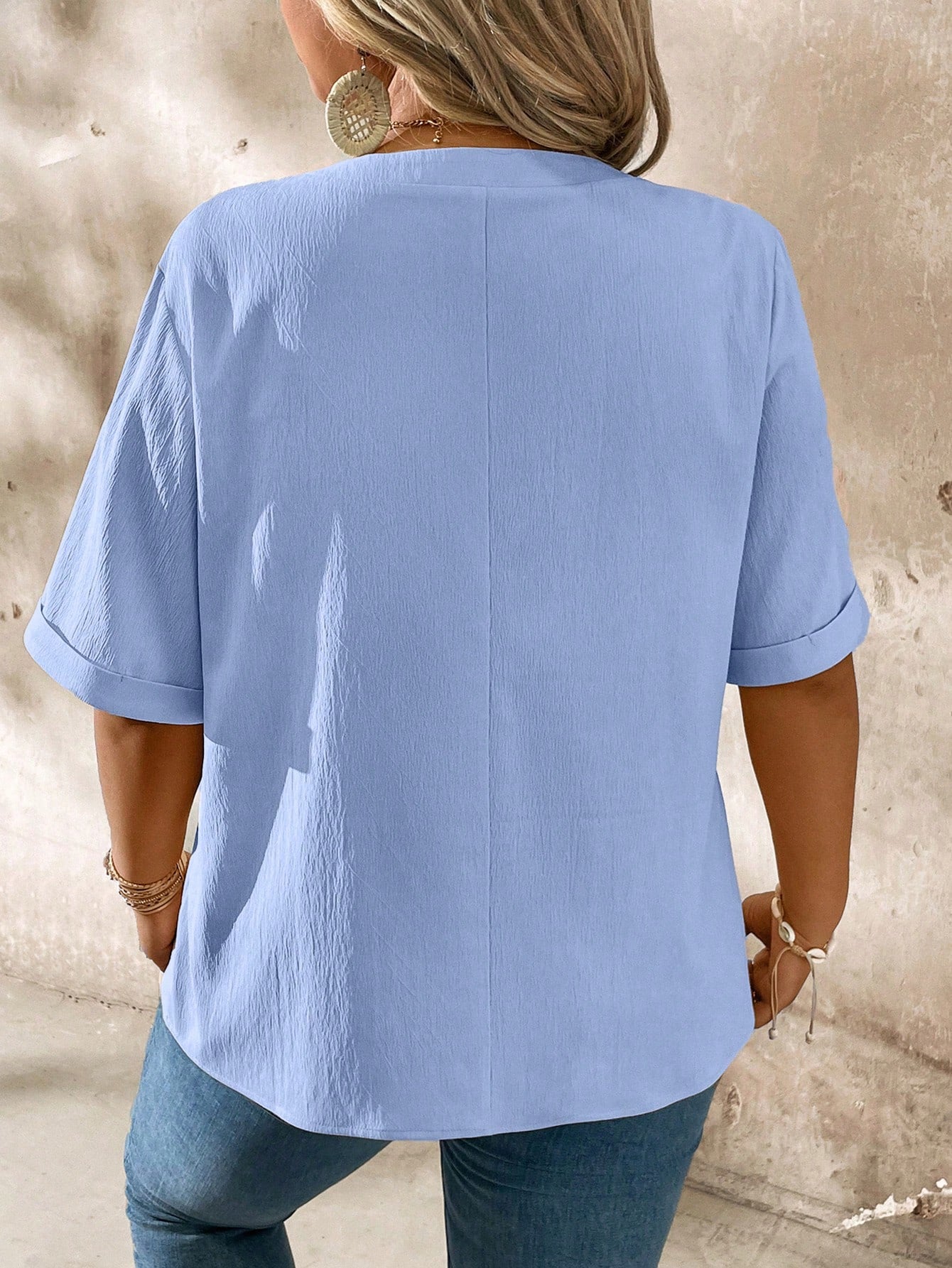 Momelise Plus Size Casual Notched Neck Wood Button Decoration Short Sleeve Shirt