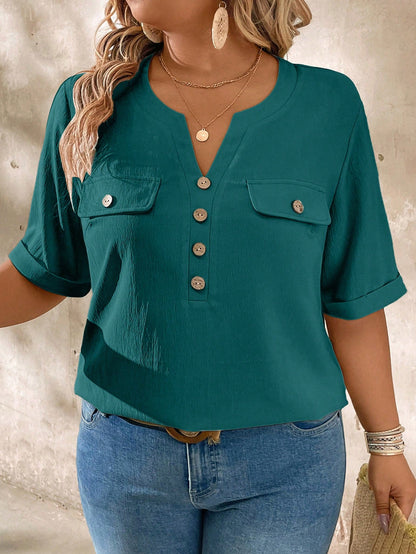 Momelise Plus Size Casual Notched Neck Wood Button Decoration Short Sleeve Shirt