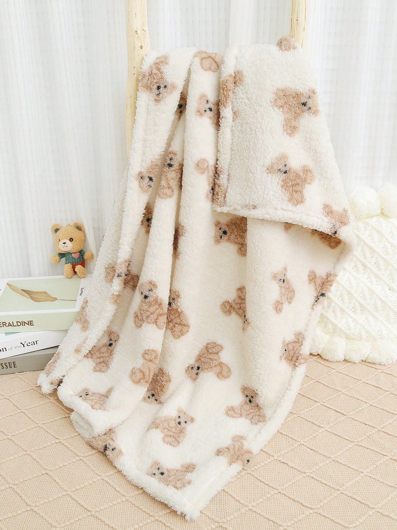 momscare 1pc Bear Pattern Swaddle Blanket, Soft Baby Hooded Towel, Stroller Blanket, Sweet Warm Gift For Baby Boys, Suitable For Home And Travel, Valentine's Day Gift