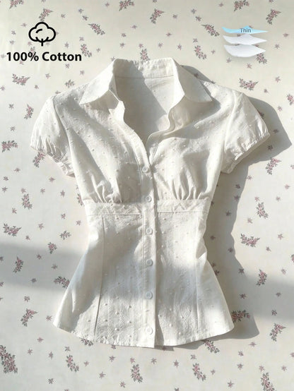 Mori Grove Mori Grove Elegant Women's White Woven Fabric Short Sleeve Shirt Casual Plain With Ruched Bust Detail