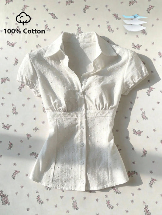 Mori Grove Mori Grove Elegant Women's White Woven Fabric Short Sleeve Shirt Casual Plain With Ruched Bust Detail