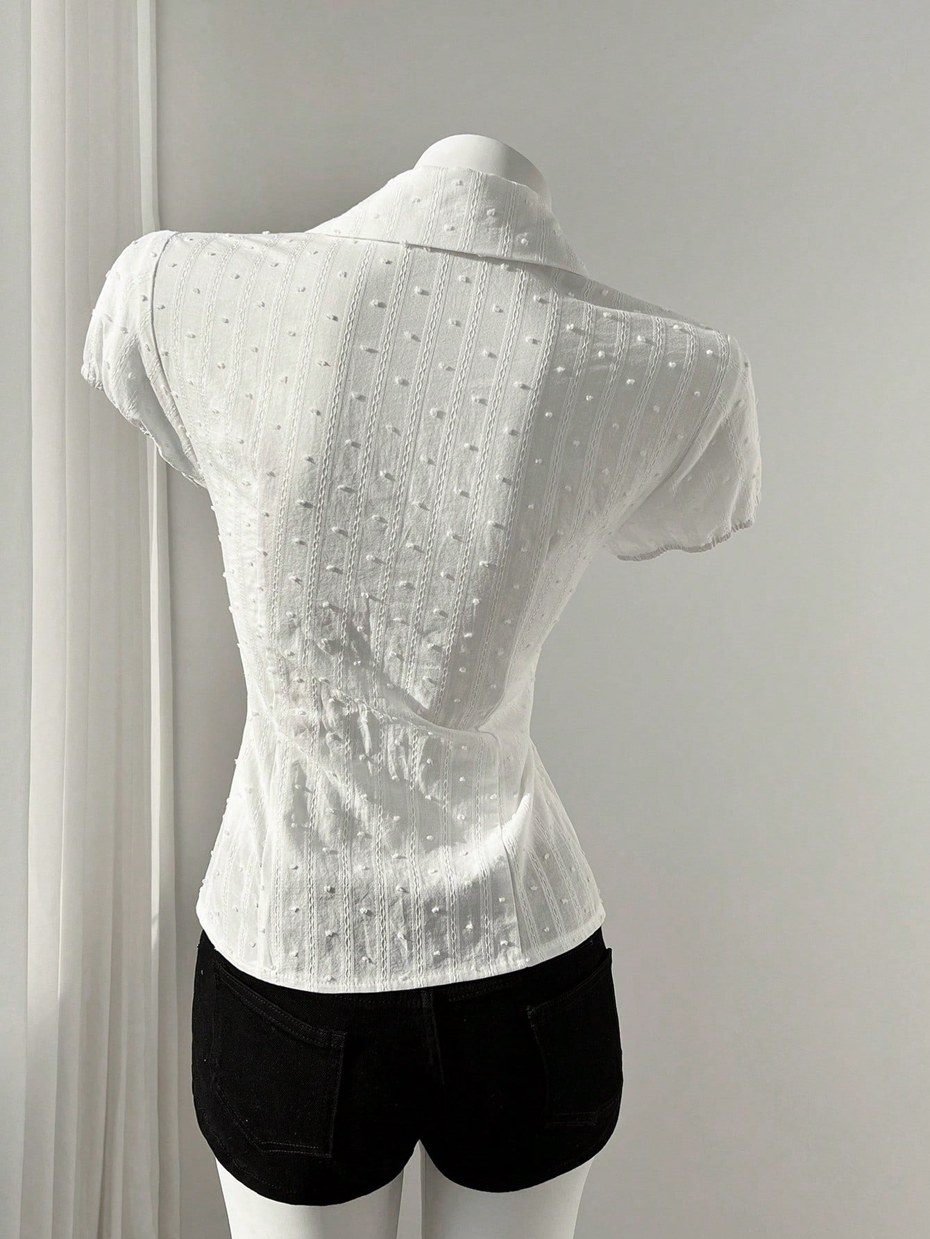 Mori Grove Mori Grove Elegant Women's White Woven Fabric Short Sleeve Shirt Casual Plain With Ruched Bust Detail