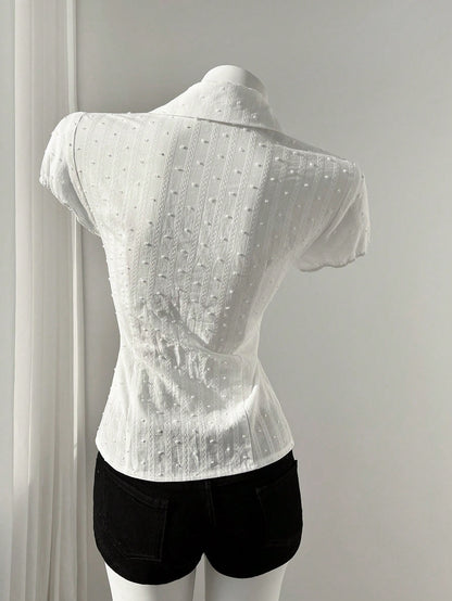 Mori Grove Mori Grove Elegant Women's White Woven Fabric Short Sleeve Shirt Casual Plain With Ruched Bust Detail