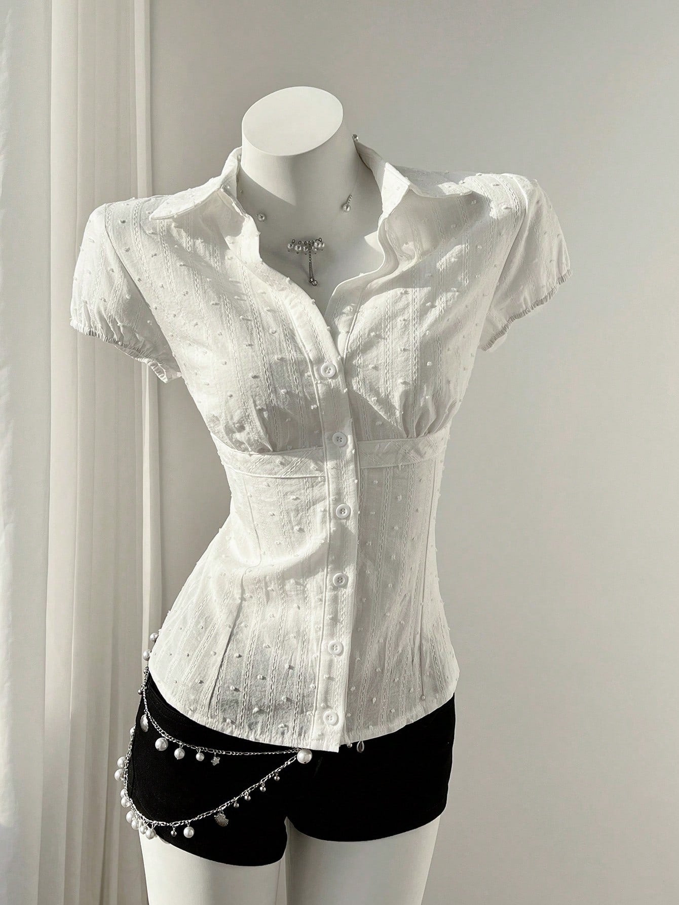 Mori Grove Mori Grove Elegant Women's White Woven Fabric Short Sleeve Shirt Casual Plain With Ruched Bust Detail