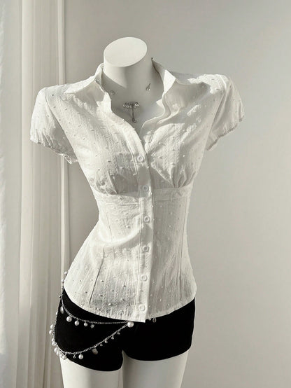 Mori Grove Mori Grove Elegant Women's White Woven Fabric Short Sleeve Shirt Casual Plain With Ruched Bust Detail