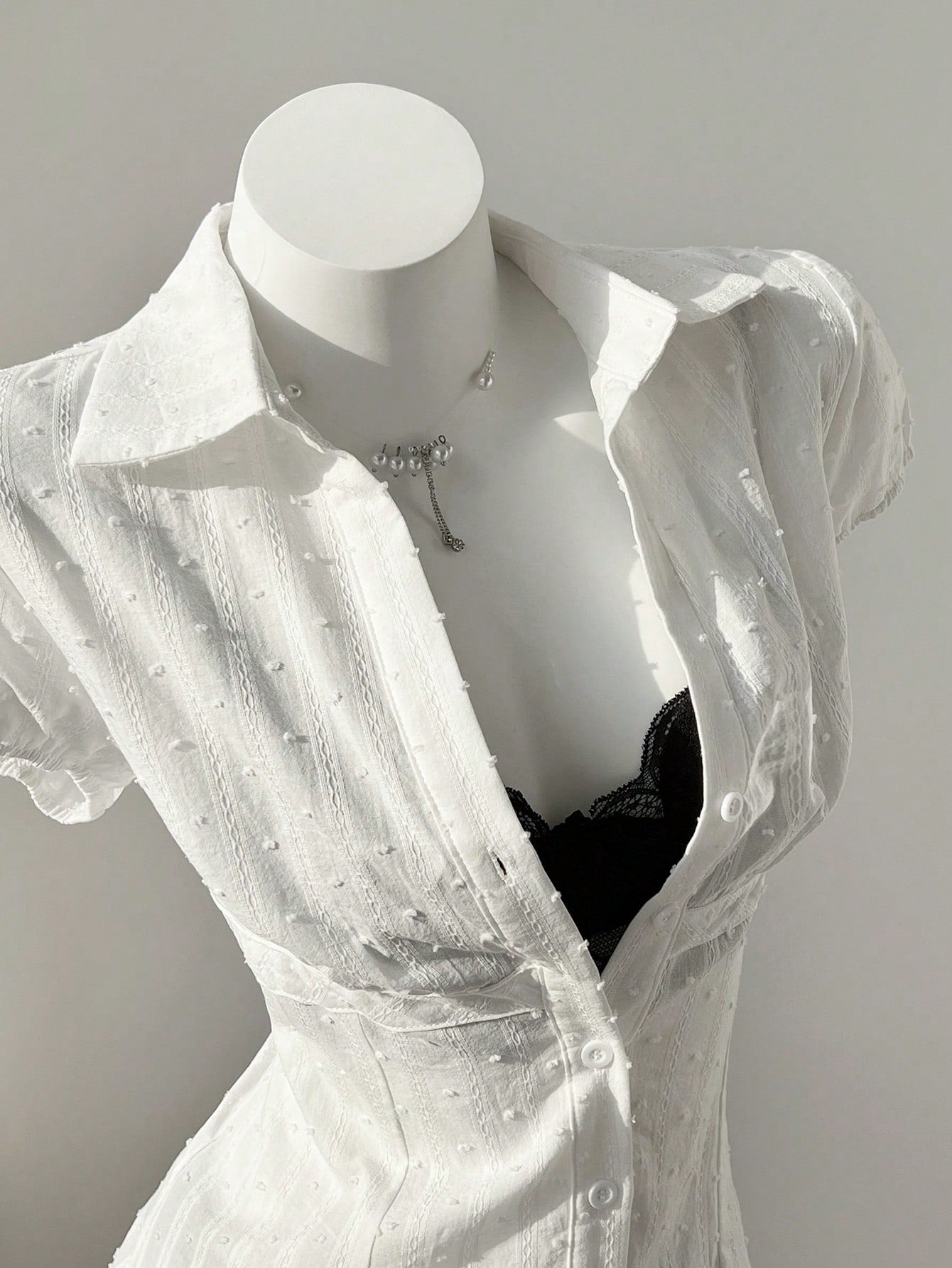 Mori Grove Mori Grove Elegant Women's White Woven Fabric Short Sleeve Shirt Casual Plain With Ruched Bust Detail