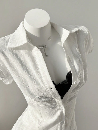 Mori Grove Mori Grove Elegant Women's White Woven Fabric Short Sleeve Shirt Casual Plain With Ruched Bust Detail