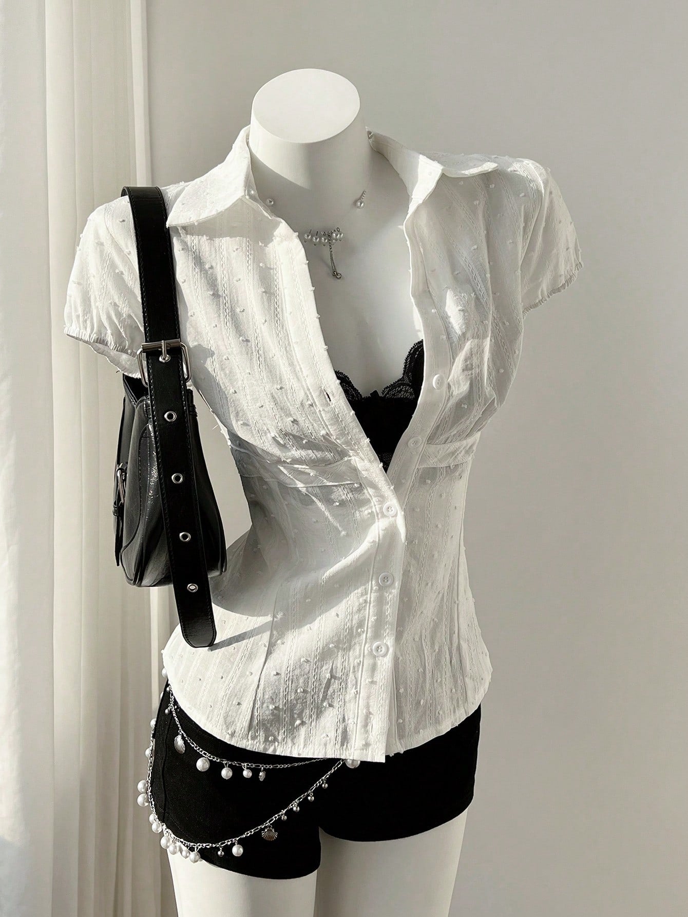 Mori Grove Mori Grove Elegant Women's White Woven Fabric Short Sleeve Shirt Casual Plain With Ruched Bust Detail