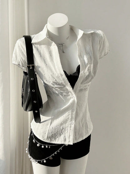 Mori Grove Mori Grove Elegant Women's White Woven Fabric Short Sleeve Shirt Casual Plain With Ruched Bust Detail