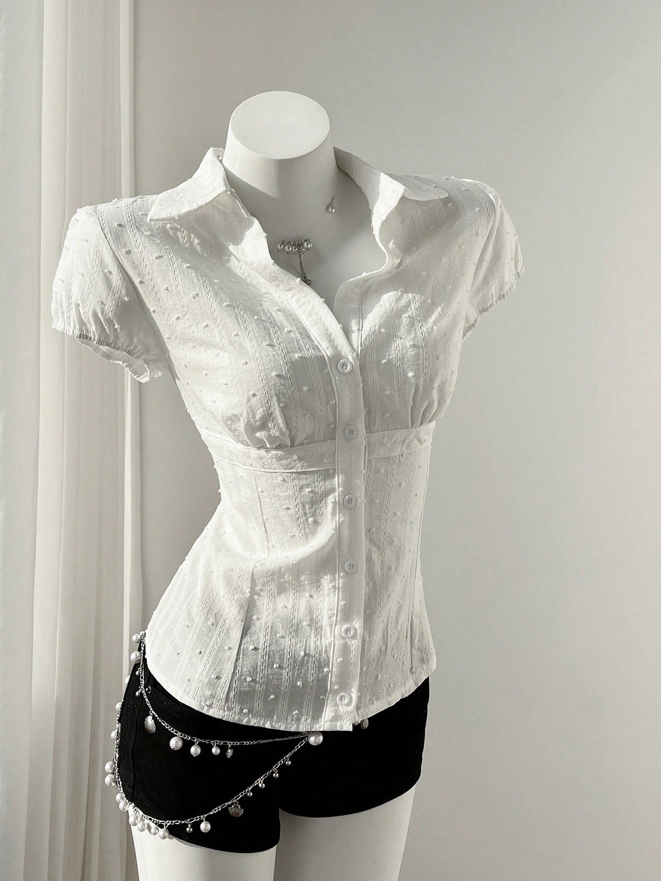 Mori Grove Mori Grove Elegant Women's White Woven Fabric Short Sleeve Shirt Casual Plain With Ruched Bust Detail