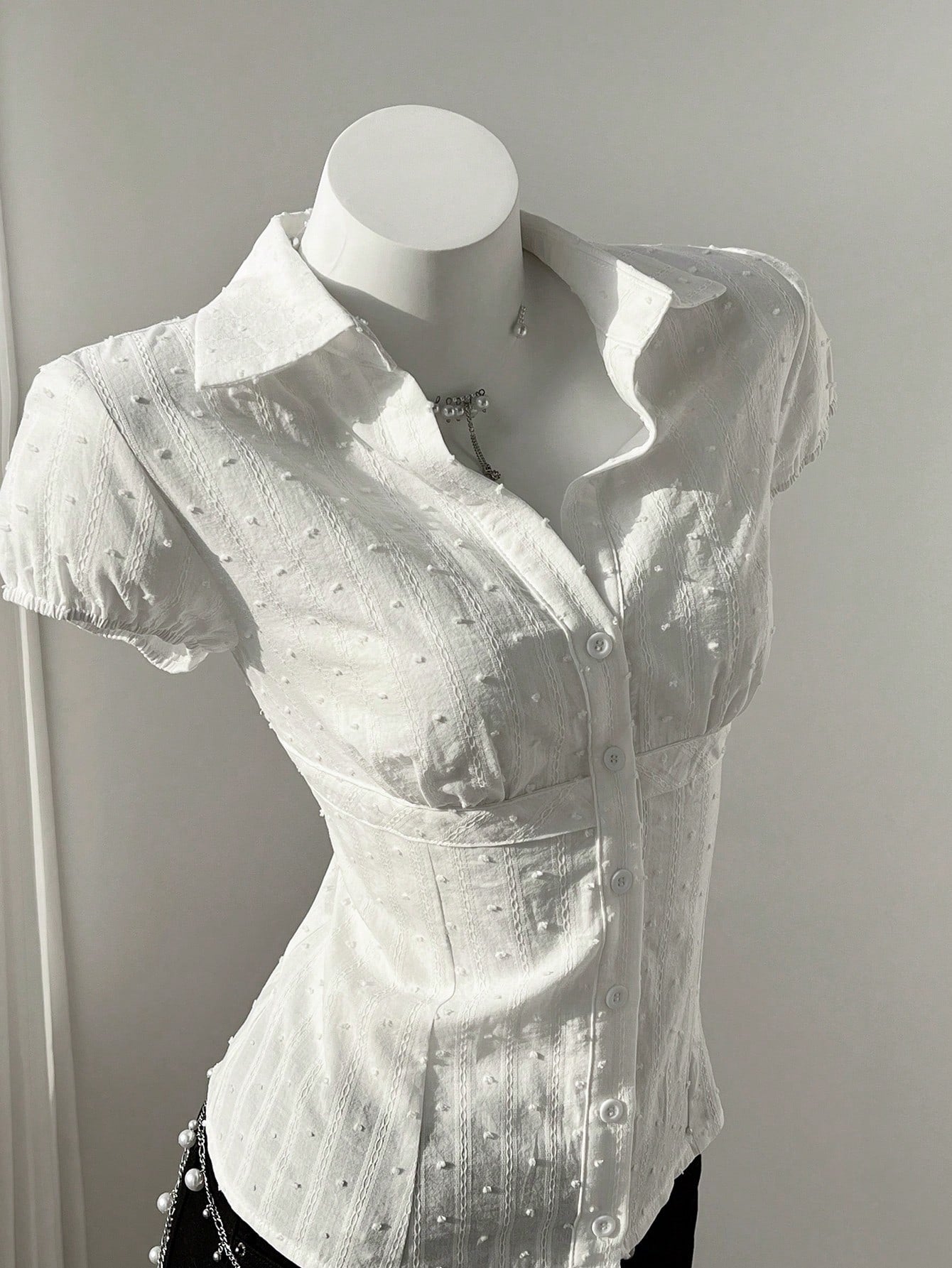 Mori Grove Mori Grove Elegant Women's White Woven Fabric Short Sleeve Shirt Casual Plain With Ruched Bust Detail