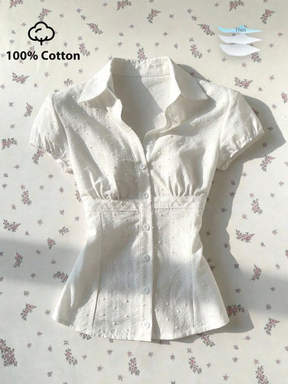 Mori Grove Mori Grove Elegant Women's White Woven Fabric Short Sleeve Shirt Casual Plain With Ruched Bust Detail