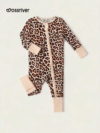 MOSSRIVER Baby Bamboo Leopard Print Footie One-Piece With Mitten Cuffs Double Zipper- Soft, All-Season