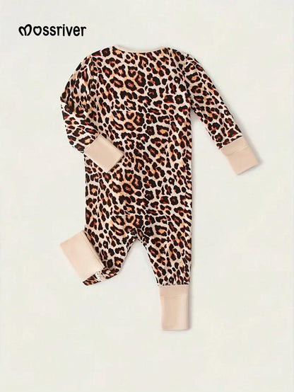 MOSSRIVER Baby Bamboo Leopard Print Footie One-Piece With Mitten Cuffs Double Zipper- Soft, All-Season