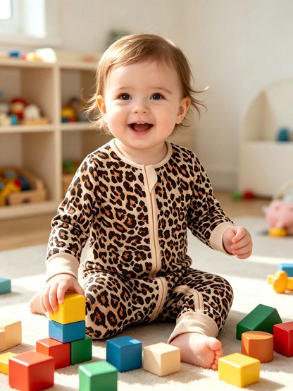 MOSSRIVER Baby Bamboo Leopard Print Footie One-Piece With Mitten Cuffs Double Zipper- Soft, All-Season