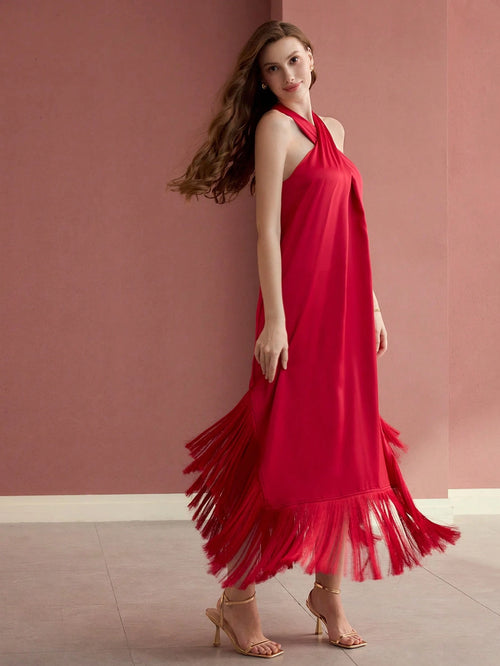 MOTF PREMIUM HALTER FRINGE HEM DRESS