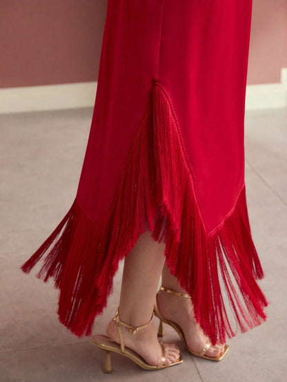 MOTF PREMIUM HALTER FRINGE HEM DRESS