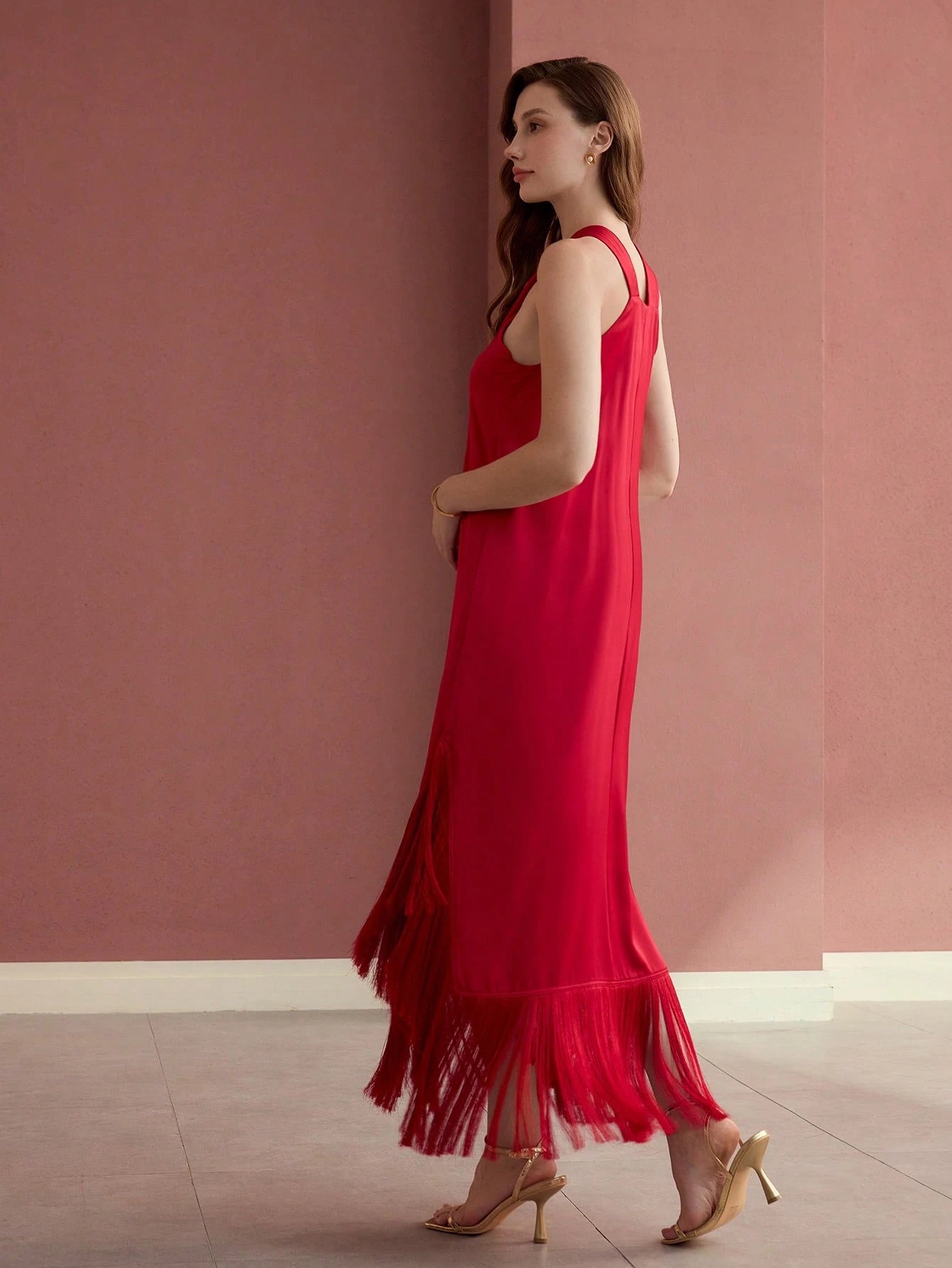 MOTF PREMIUM HALTER FRINGE HEM DRESS