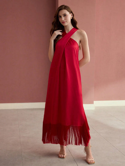 MOTF PREMIUM HALTER FRINGE HEM DRESS