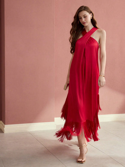 MOTF PREMIUM HALTER FRINGE HEM DRESS