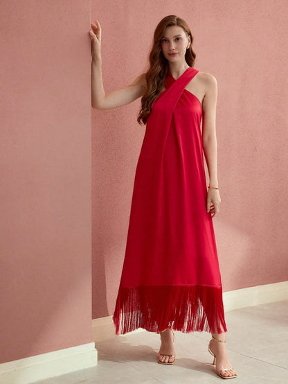 MOTF PREMIUM HALTER FRINGE HEM DRESS