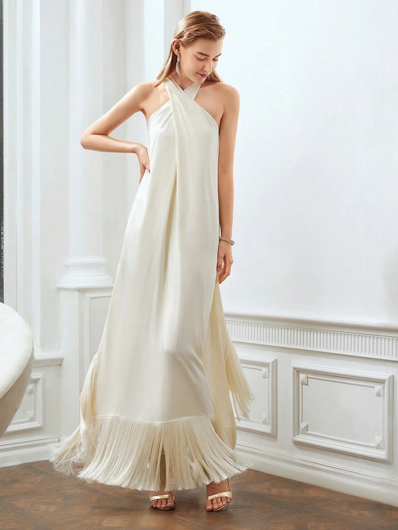MOTF PREMIUM HALTER FRINGE HEM DRESS