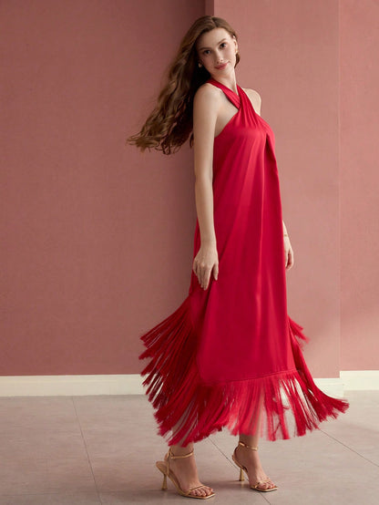 MOTF PREMIUM HALTER FRINGE HEM DRESS