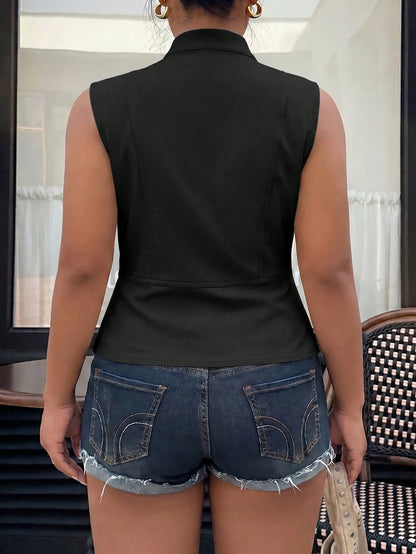 Muchica Casual Plus Size Button Decor Black Sleeveless Jacket