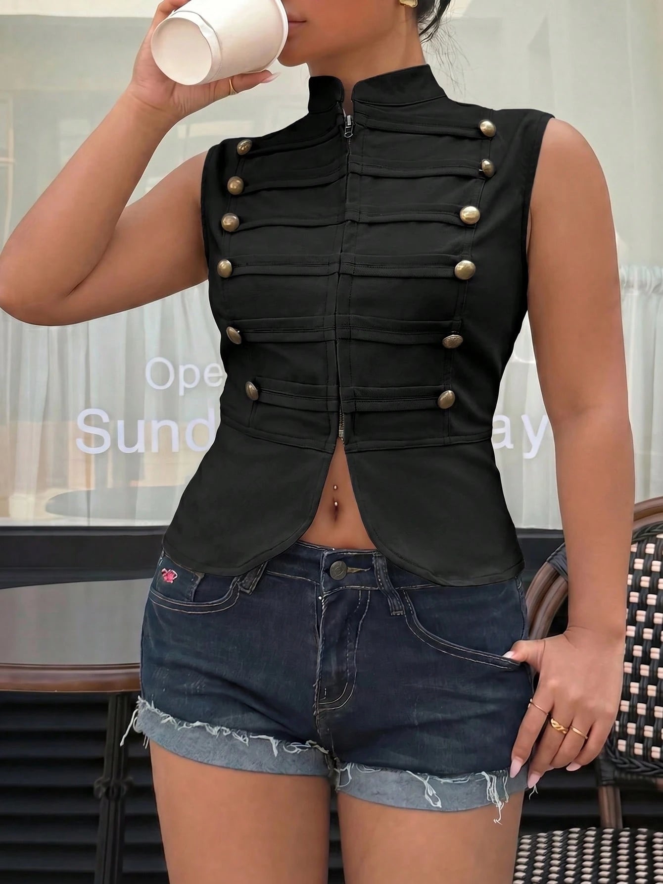Muchica Casual Plus Size Button Decor Black Sleeveless Jacket
