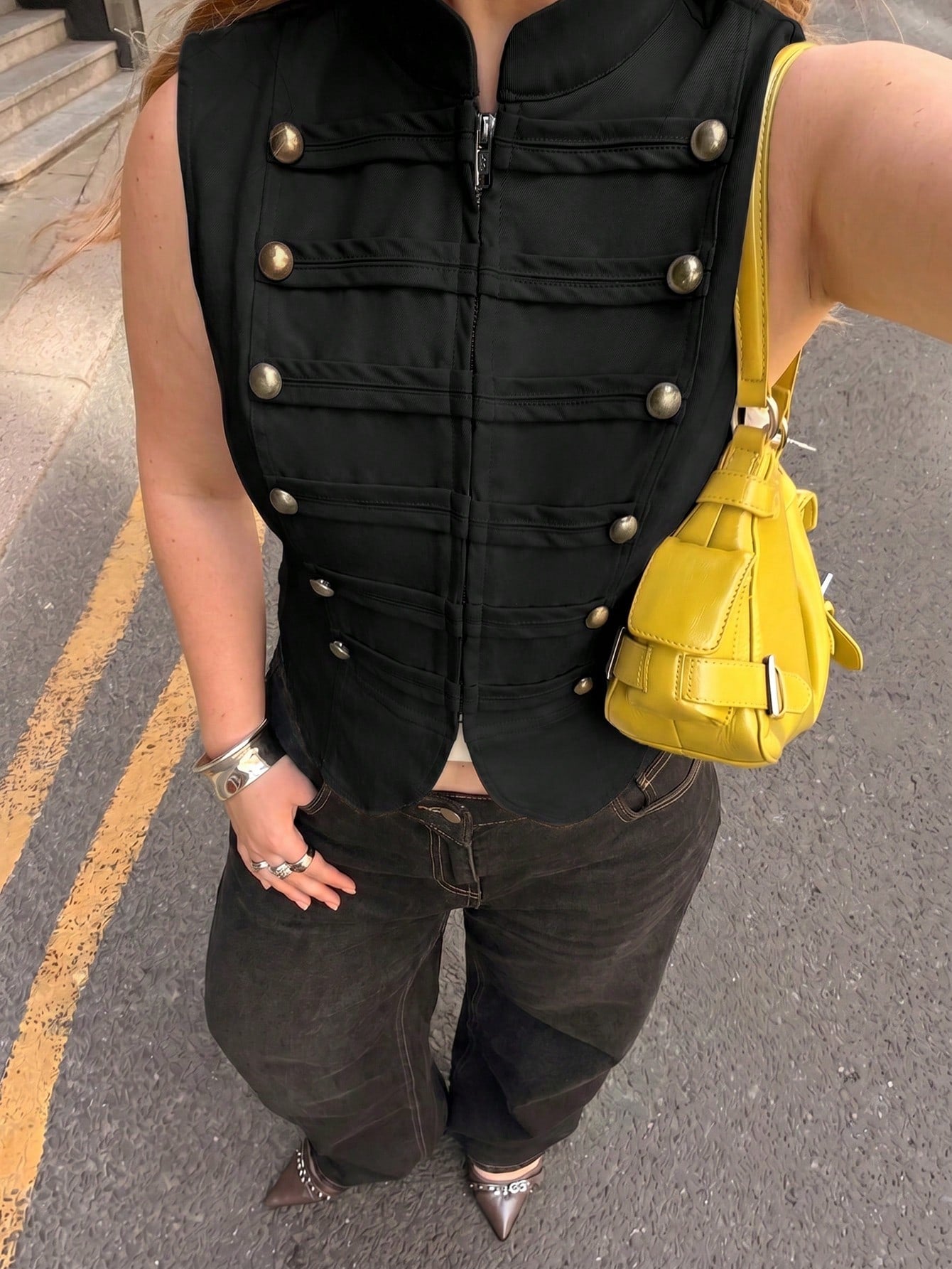 Muchica Casual Plus Size Button Decor Black Sleeveless Jacket