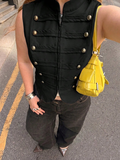 Muchica Casual Plus Size Button Decor Black Sleeveless Jacket