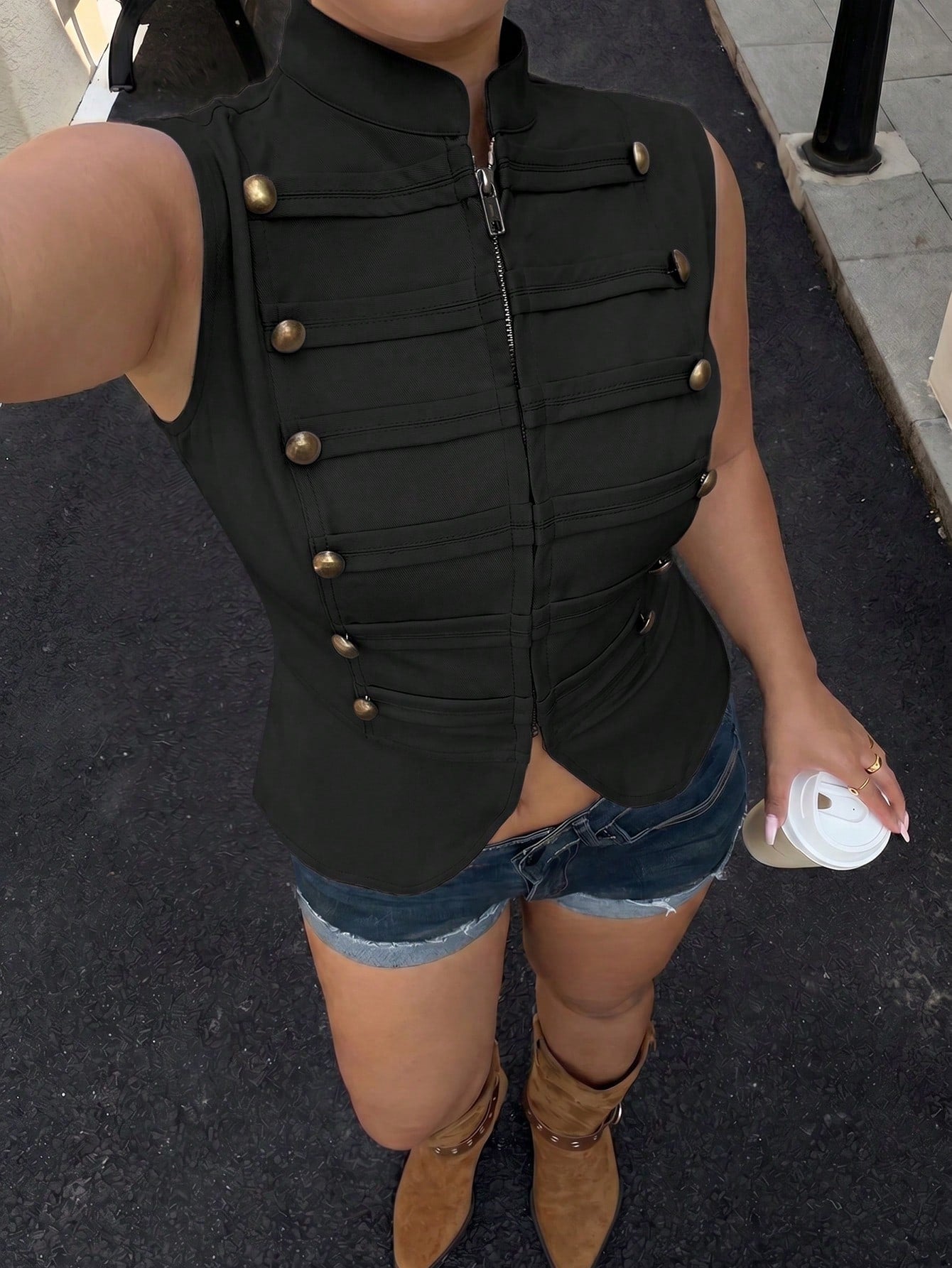 Muchica Casual Plus Size Button Decor Black Sleeveless Jacket