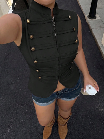 Muchica Casual Plus Size Button Decor Black Sleeveless Jacket