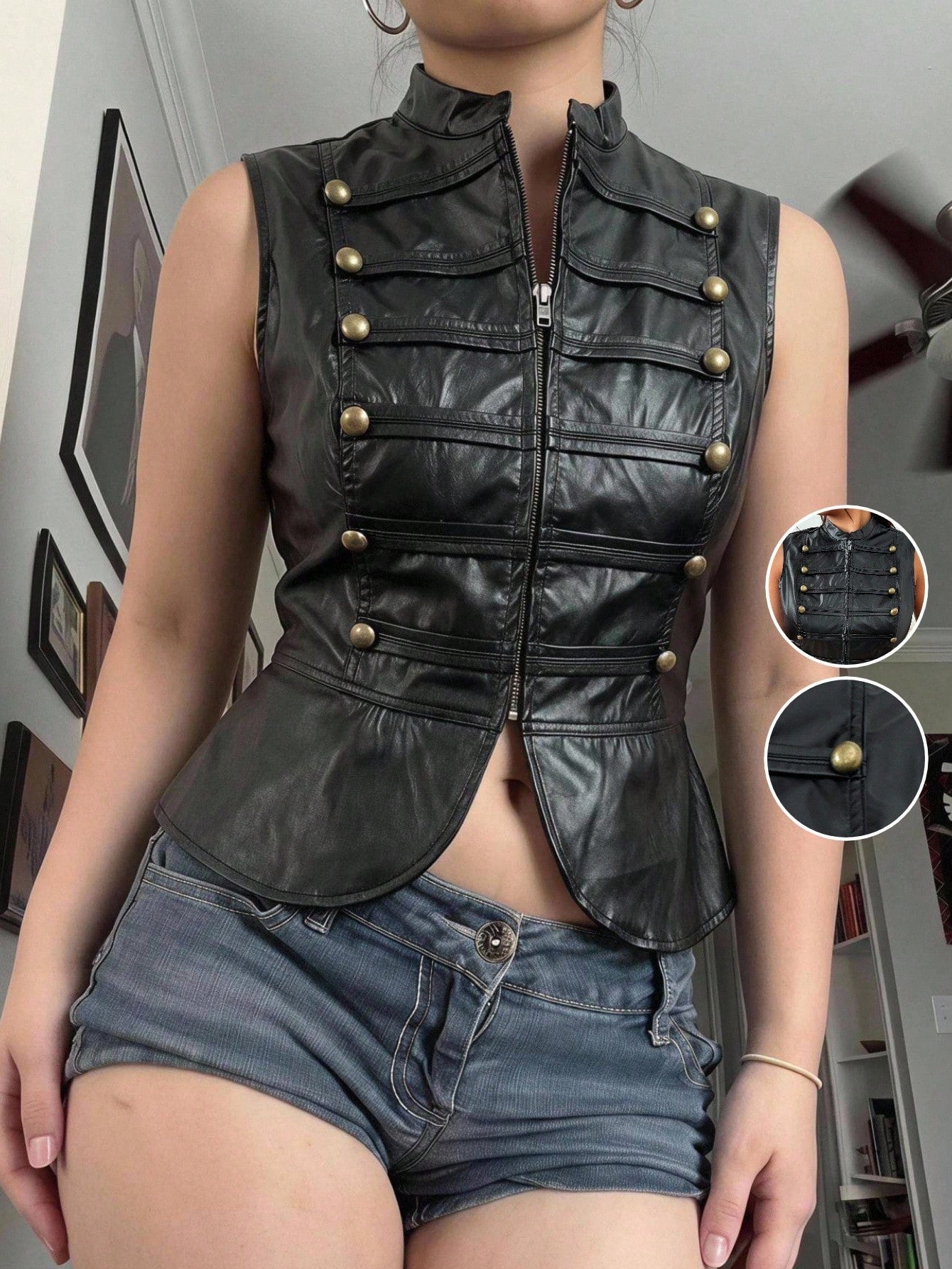Muchica Casual Plus Size Button Decor Black Sleeveless Jacket