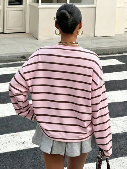 Muchica Plus Size Casual Minimalist Sports Streetwear Pink & Brown Striped Small Horse Logo Print T-Shirt, Music Festival Fall